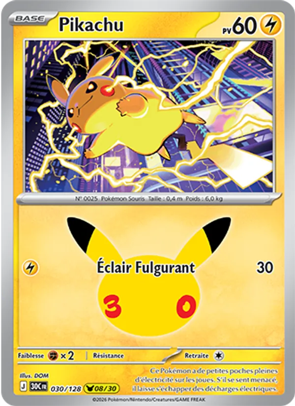 Carte Pikachu de l'extension 30ᵉ Anniversaire, numéro 030/128