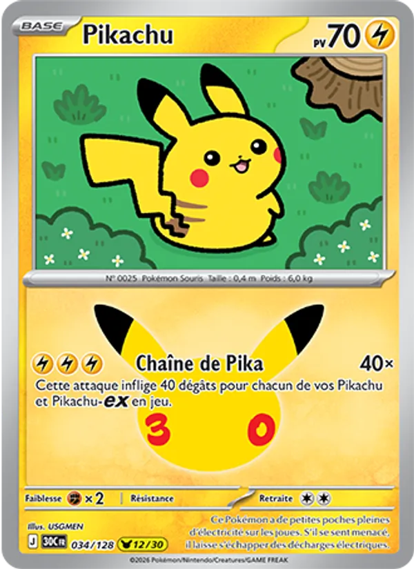 Carte Pikachu de l'extension 30ᵉ Anniversaire, numéro 034/128