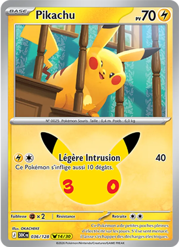 Carte Pikachu de l'extension 30ᵉ Anniversaire, numéro 036/128