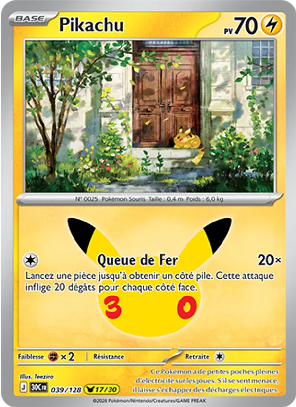 Carte Pikachu de l'extension 30ᵉ Anniversaire, numéro 039/128