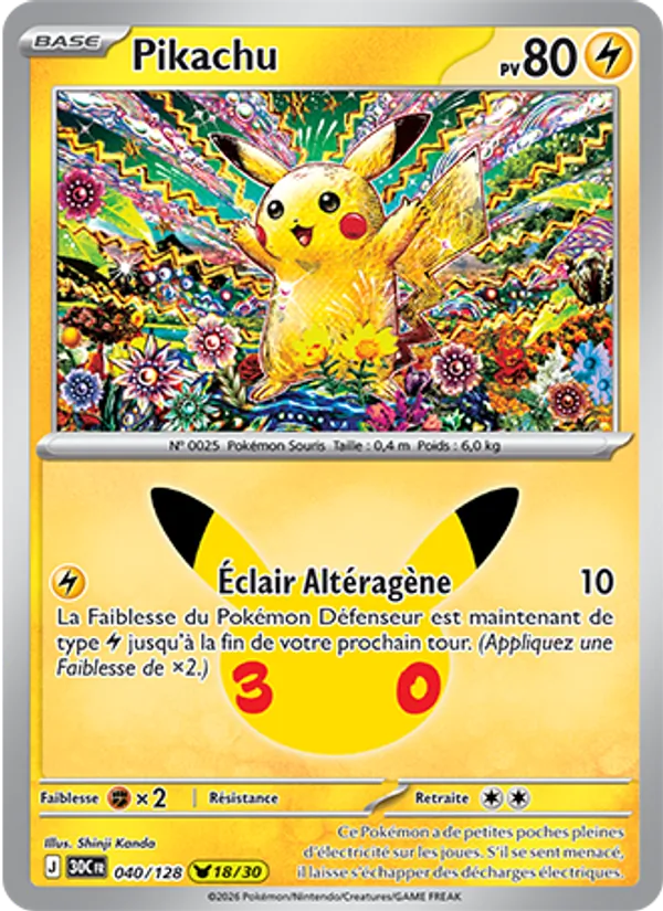 Carte Pikachu de l'extension 30ᵉ Anniversaire, numéro 040/128