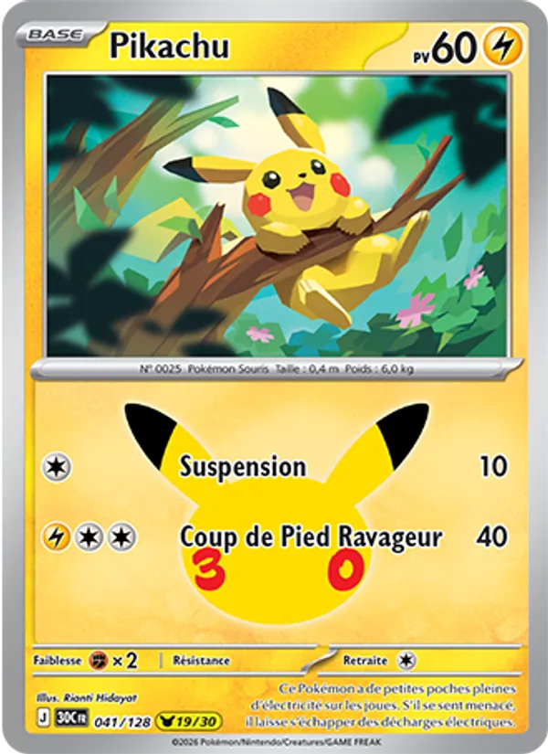 Carte Pikachu de l'extension 30ᵉ Anniversaire, numéro 041/128