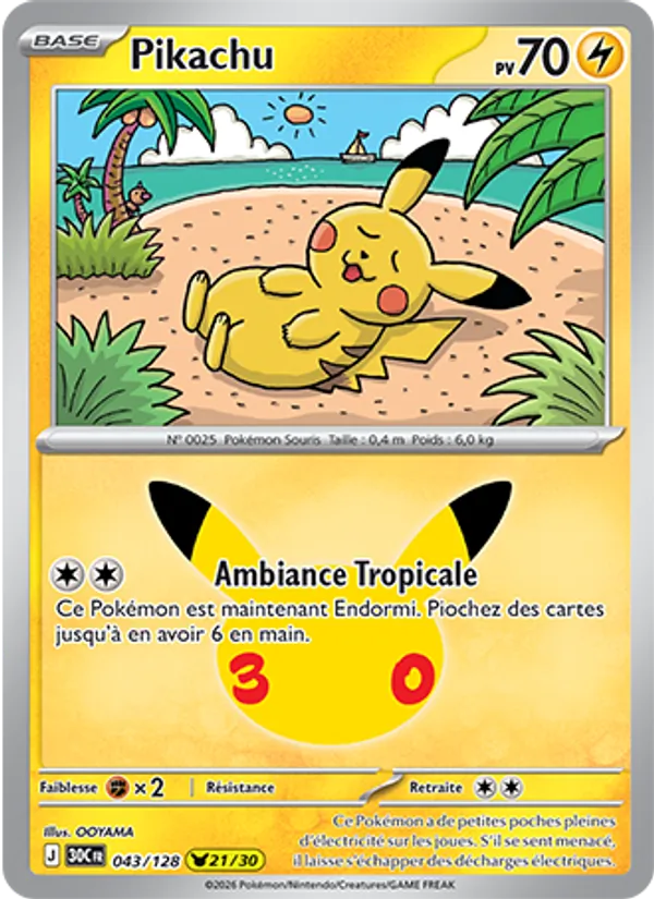 Carte Pikachu de l'extension 30ᵉ Anniversaire, numéro 043/128