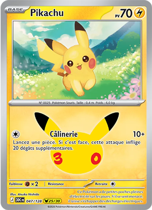 Carte Pikachu de l'extension 30ᵉ Anniversaire, numéro 047/128