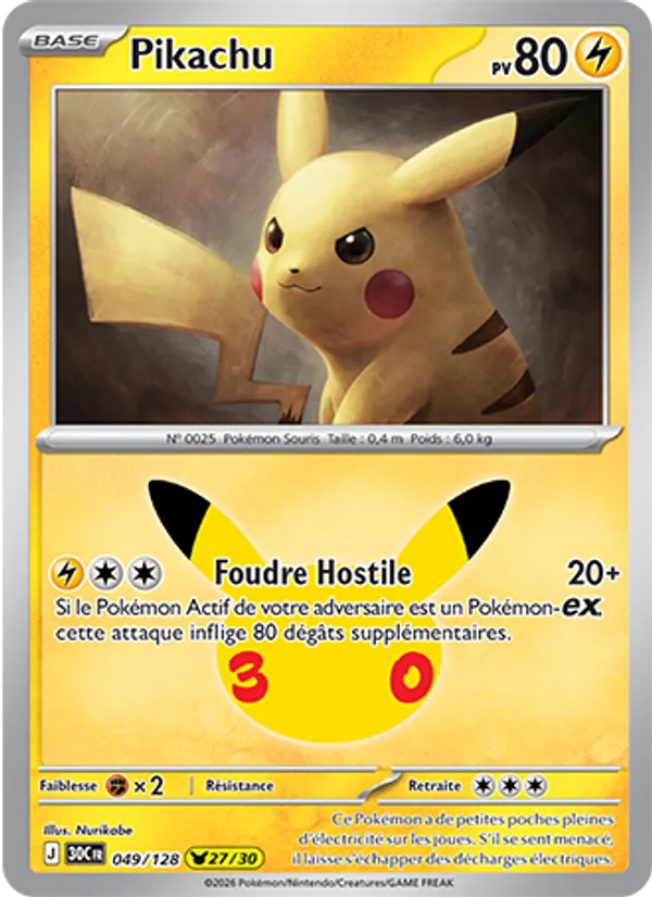 Carte Pikachu de l'extension 30ᵉ Anniversaire, numéro 049/128
