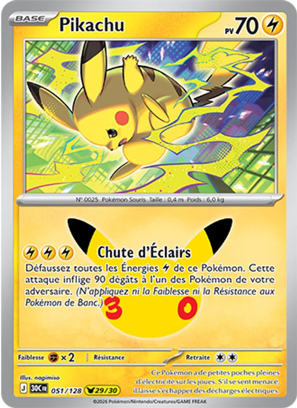 Carte Pikachu de l'extension 30ᵉ Anniversaire, numéro 051/128