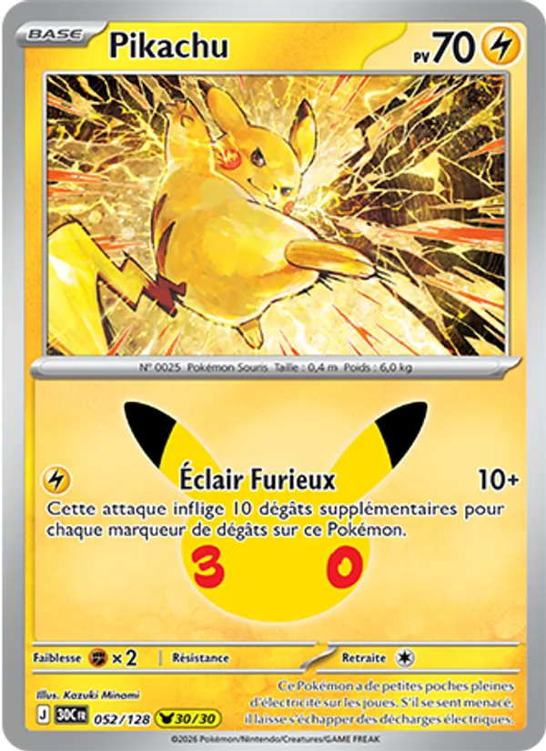 Carte Pikachu de l'extension 30ᵉ Anniversaire, numéro 052/128