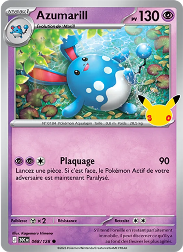 Carte Azumarill de l'extension 30ᵉ Anniversaire, numéro 068/128
