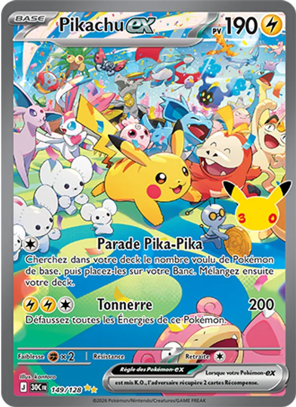 Carte Pikachu-ex de l'extension 30ᵉ Anniversaire, numéro 149/128