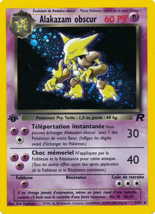 Carte Alakazam obscur de l'extension Team Rocket, numéro 1/82
