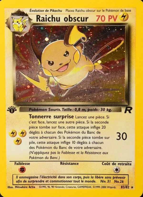 Carte Raichu obscur de l'extension Team Rocket, numéro 83/82