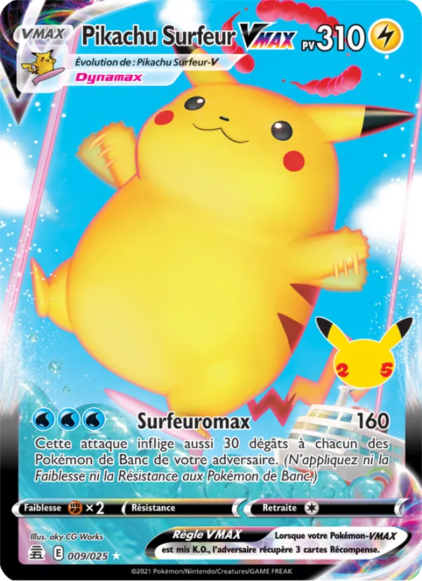 Carte Pikachu Surfeur VMAX de l'extension Célébrations, numéro 9/25