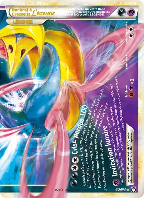 Carte Darkrai & Cresselia LÉGENDE de l'extension Triomphant, numéro 100/102