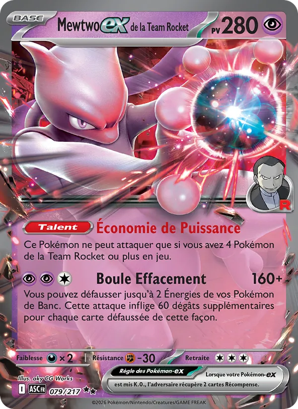 Carte Mewtwo-ex de la Team Rocket de l'extension Héros Transcendants, numéro 079/217