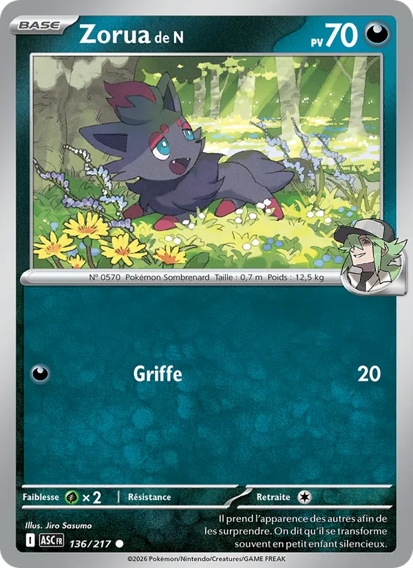 Carte Zorua de N de l'extension Héros Transcendants, numéro 136/217