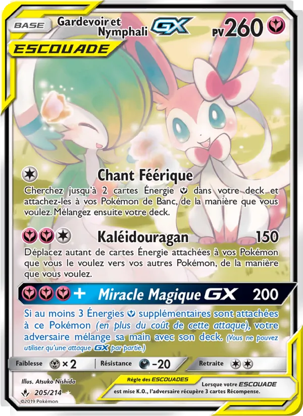 Carte Gardevoir et Nymphali GX de l'extension Alliance Infaillible, numéro 205/214