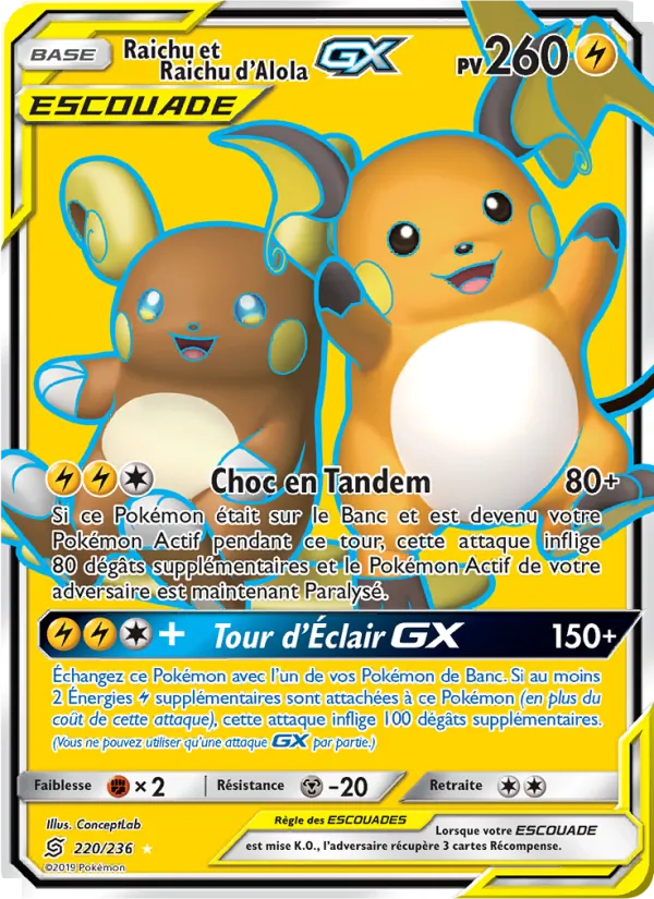 Carte Raichu et Raichu d’Alola GX de l'extension Harmonie des Esprits, numéro 220/236