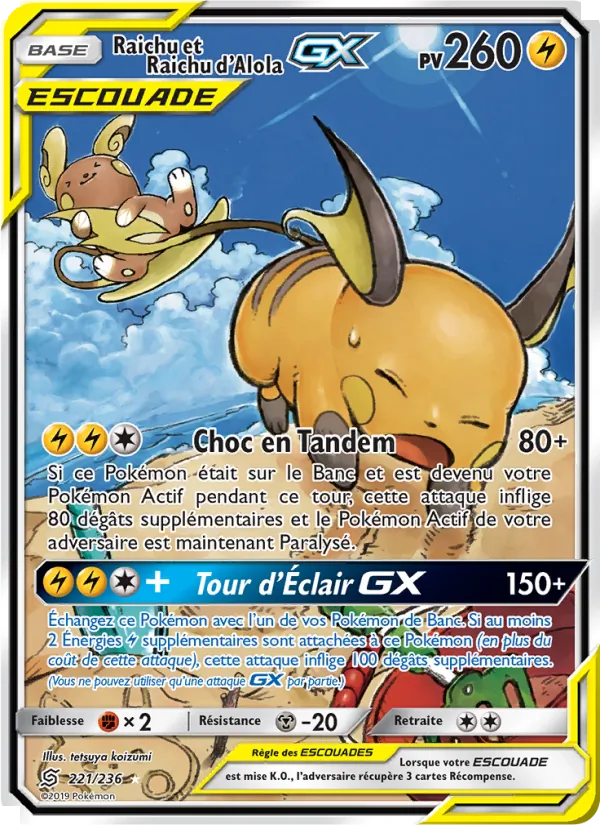 Carte Raichu et Raichu d’Alola GX de l'extension Harmonie des Esprits, numéro 221/236