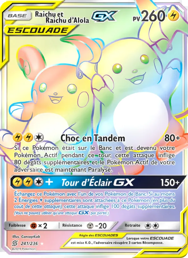 Carte Raichu et Raichu d’Alola GX de l'extension Harmonie des Esprits, numéro 241/236