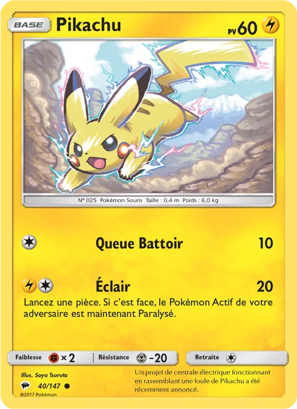 Carte Pikachu de l'extension Ombres Ardentes, numéro 40/147