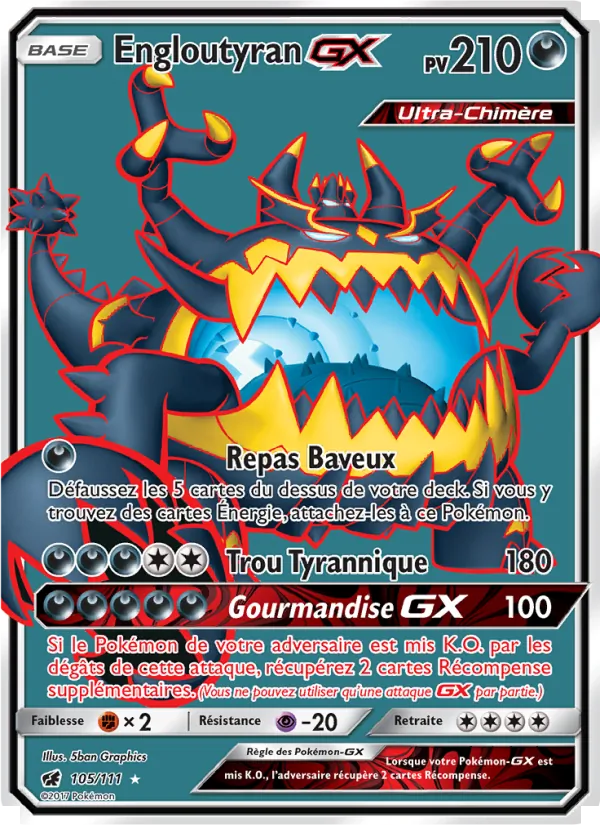 Carte Engloutyran GX de l'extension Invasion Carmin, numéro 105/111
