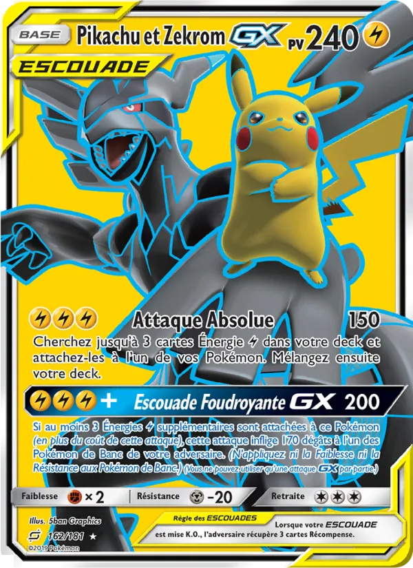 Carte Pikachu et Zekrom GX de l'extension Duo de Choc, numéro 162/181