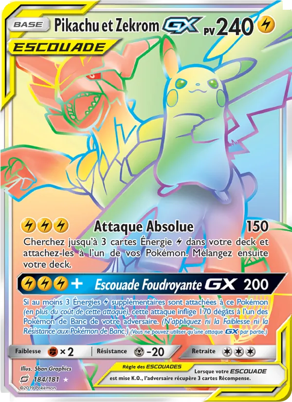 Carte Pikachu et Zekrom GX de l'extension Duo de Choc, numéro 184/181
