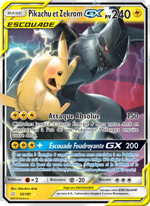 Carte Pikachu et Zekrom GX de l'extension Duo de Choc, numéro 33/181