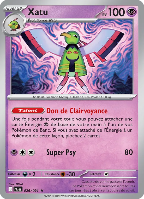Carte Xatu de l'extension Destinées de Paldea, numéro 026/91