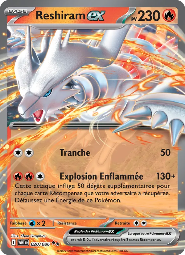 Carte Reshiram-ex de l'extension Flamme Blanche, numéro 020/86