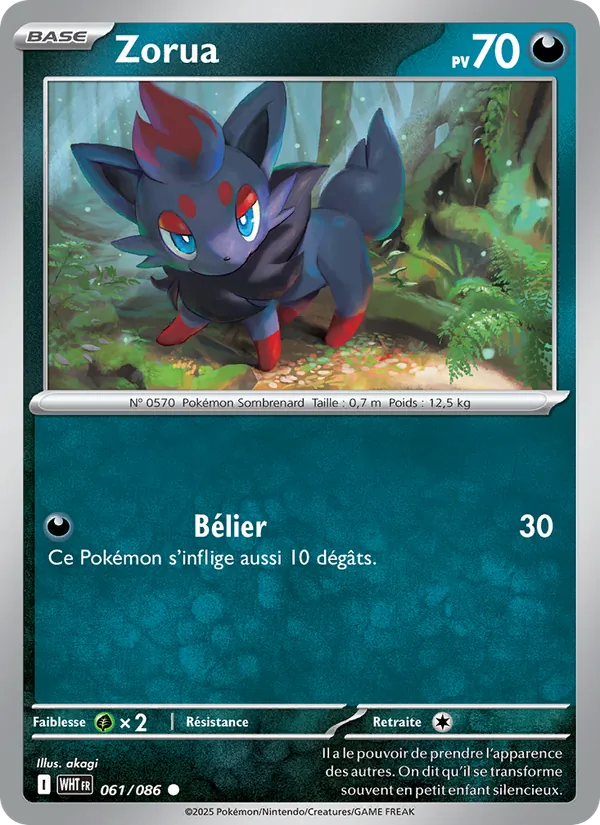 Carte Zorua de l'extension Flamme Blanche, numéro 061/86
