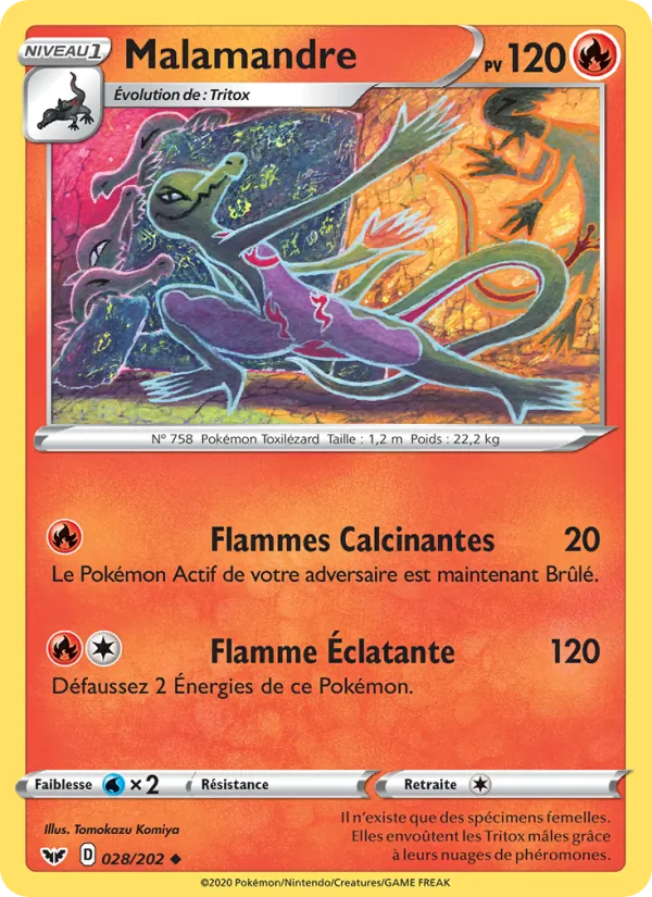 Carte Malamandre de l'extension Épée et Bouclier, numéro 28/202