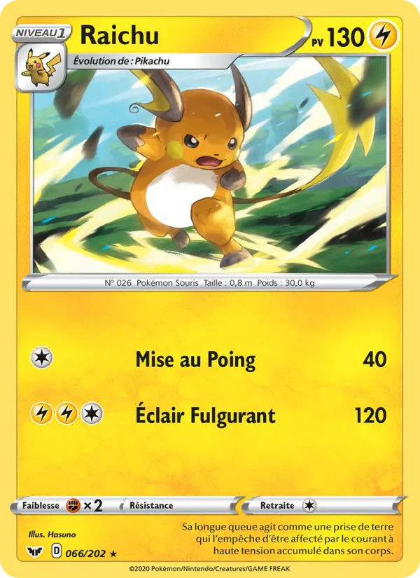 Carte Raichu de l'extension Épée et Bouclier, numéro 66/202