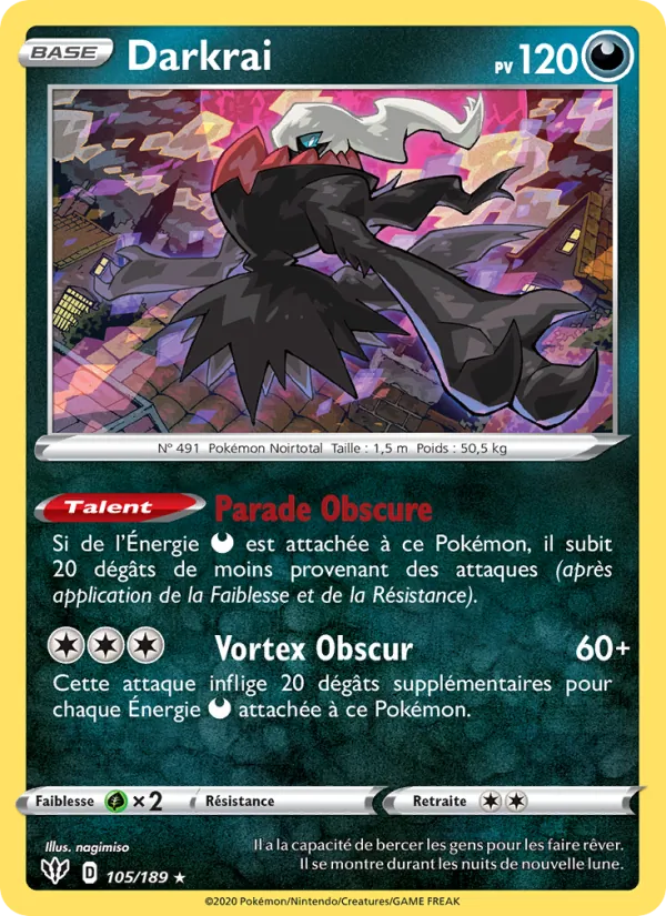 Carte Darkrai de l'extension Ténèbres Embrasées, numéro 105/189