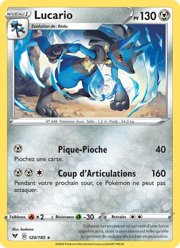 Carte Lucario de l'extension Voltage Éclatant, numéro 120/185