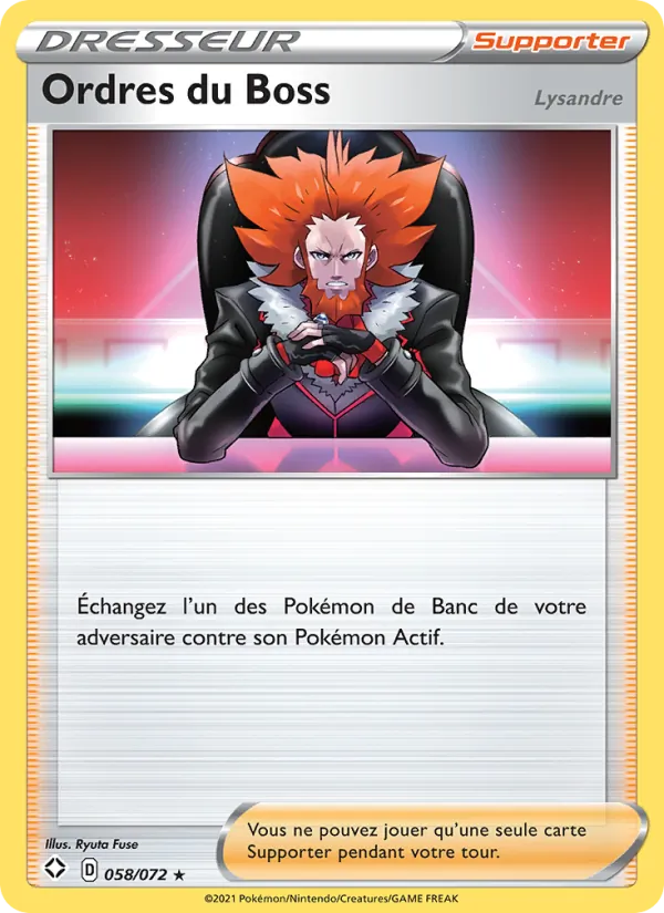 Carte Ordres du Boss (Lysandre) de l'extension Destinées Radieuses, numéro 58/72