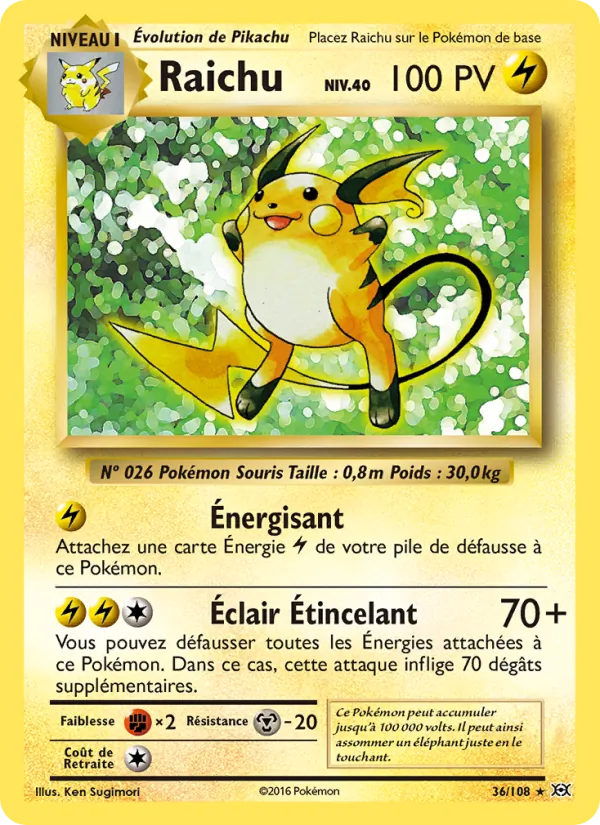 Carte Raichu de l'extension Évolutions, numéro 36/108