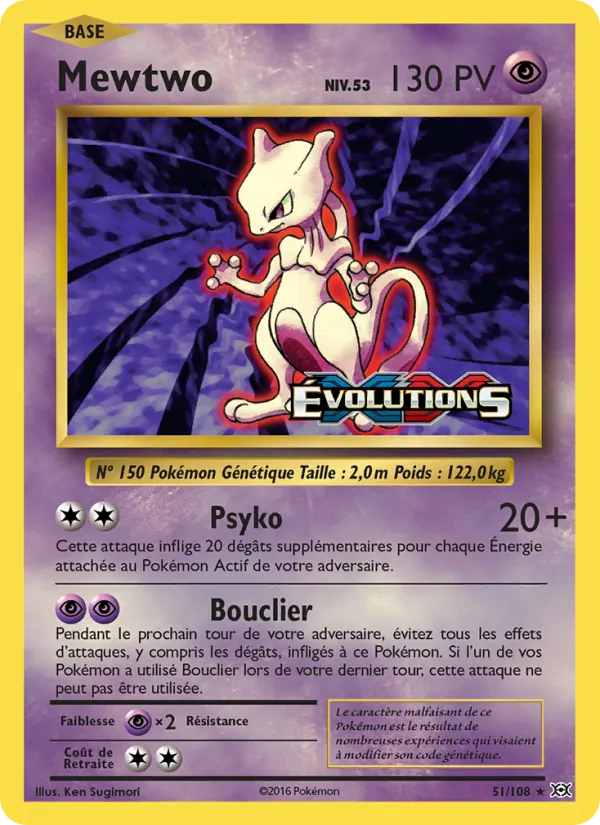 Carte Mewtwo de l'extension Évolutions, numéro 51/108