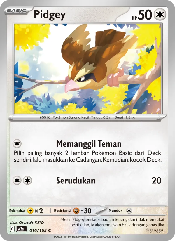 Kartu Pidgey dari Kartu Pokémon 151, nomor 016/165
