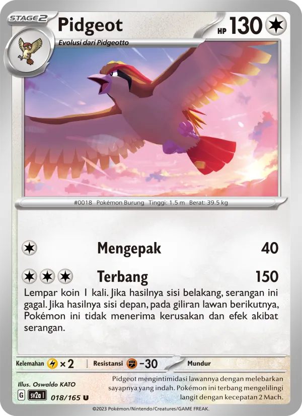 Kartu Pidgeot dari Kartu Pokémon 151, nomor 018/165