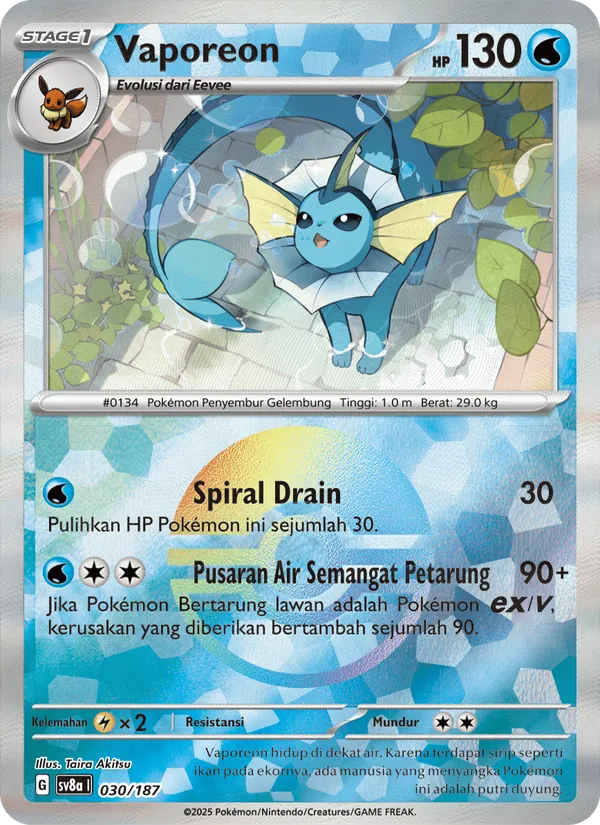 Kartu Vaporeon dari Festival Terastal ex, nomor 030/187