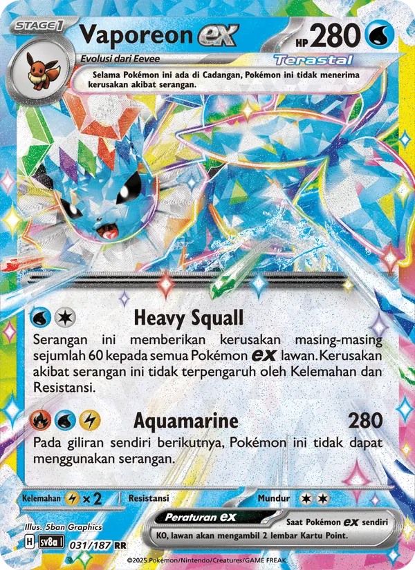 Kartu Vaporeon ex dari Festival Terastal ex, nomor 031/187
