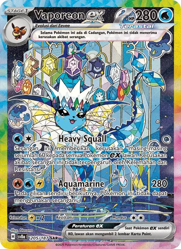 Kartu Vaporeon ex dari Festival Terastal ex, nomor 205/187