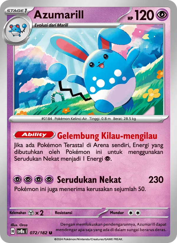 Kartu Azumarill dari Kilat Rasi, nomor 072/182