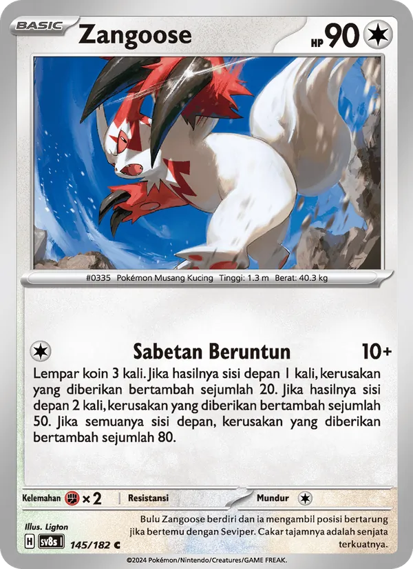 Kartu Zangoose dari Kilat Rasi, nomor 145/182