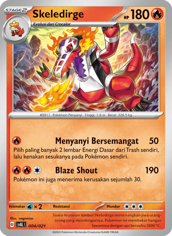 Kartu Skeledirge dari Sprigatito & Lucario ex, nomor 004/21