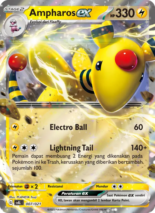 Kartu Ampharos ex dari Sprigatito & Lucario ex, nomor 007/21