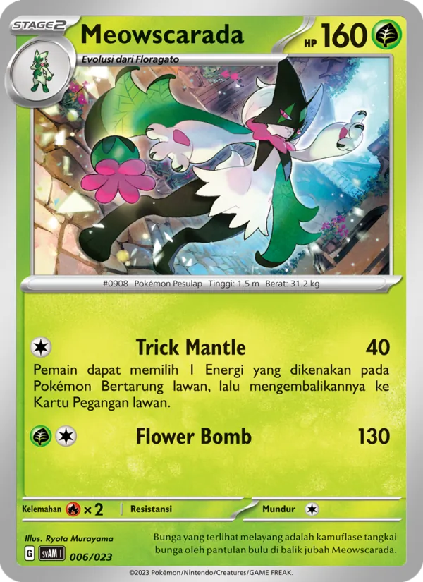 Kartu Meowscarada dari Fuecoco & Ampharos ex, nomor 006/23