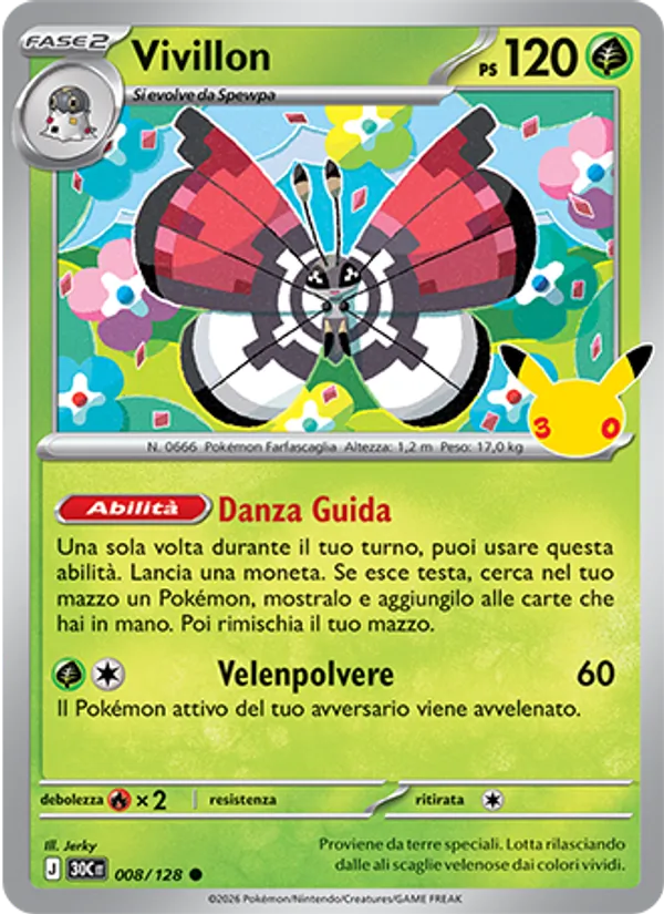Carta Vivillon dell'espansione 30° Anniversario, numero 008/128