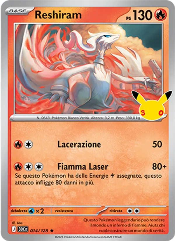 Carta Reshiram dell'espansione 30° Anniversario, numero 014/128